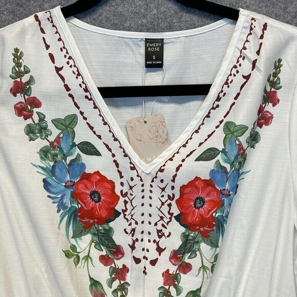 NWT Emery Rose Dress Women's Small White Floral Boho Short Sleeve A-Line V-Neck - Picture 14 of 16